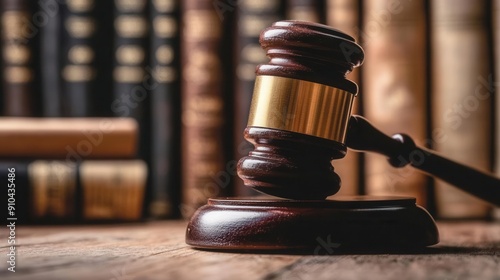 Closeup of a judge s gavel and legal books, emphasizing knowledge and authority