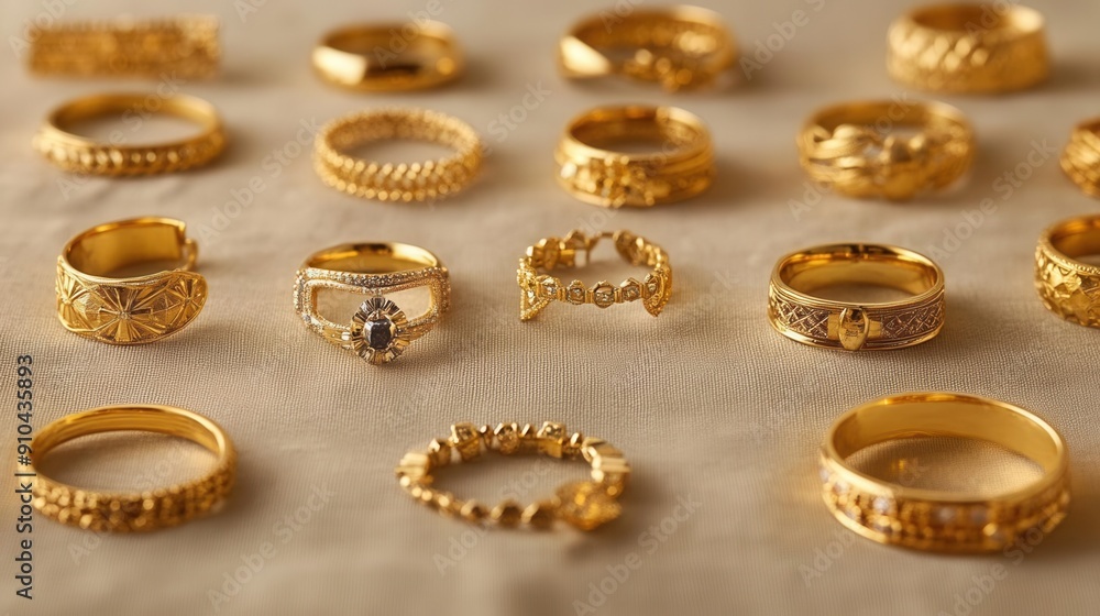 Collection of gold rings and bracelets, symbolizing luxury and elegance Collection of gold rings and bracelets, symbolizing luxury and elegance