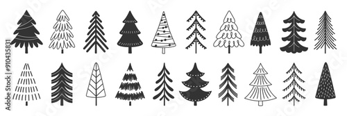 Christmas tree black icons. New year symbols, xmas decorative trees doodle style. Hand drawn winter holidays decorations, racy vector clipart