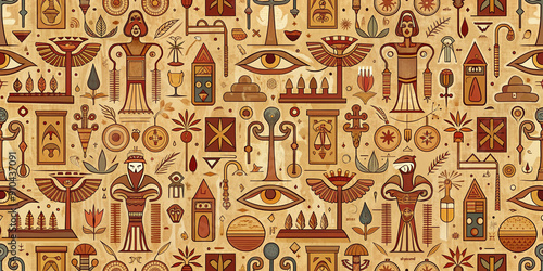 Vintage seamless pattern featuring intricate ancient Egyptian hieroglyph symbols in warm earthy tones, creating a unique retro hand-drawn vector repeating illustration.