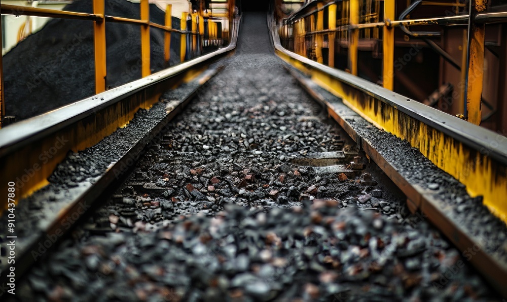 Belt conveyor transporting fine coal in a heating plant, selective front focusing. Belt conveyor transporting fine coal in a heating plant, selective front focusing.