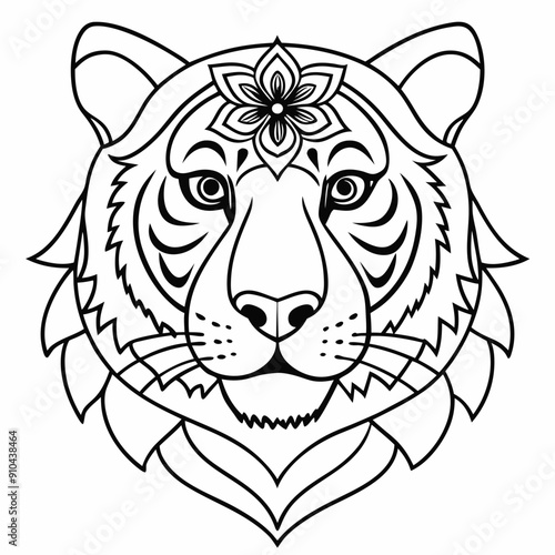 Adult coloring book. a Tiger head. Line art design for antistress colouring pages in zentangle style. Vector illustration.
