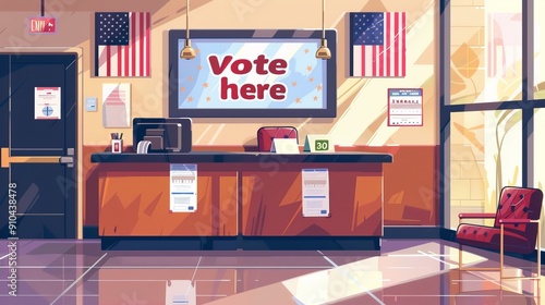 Wallpaper Mural A cartoonish image of a voting booth with a sign that says "Vote Here". The room is empty and features a chair and a desk Torontodigital.ca