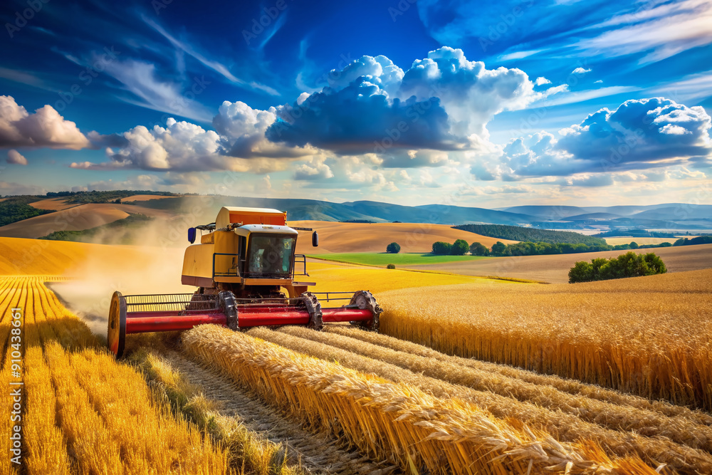 Fototapeta premium Vibrant summer landscape featuring a massive agricultural combine harvester collecting golden wheat in a vast field, surrounded by rolling hills and blue sky.