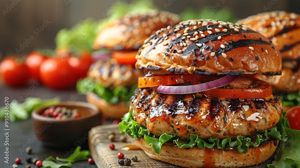 Grilled Chicken Sandwich with Tomatoes, Lettuce & Onion on Wooden Cutting Board Grilled Chicken Sandwich with Tomatoes, Lettuce & Onion on Wooden Cutting Board