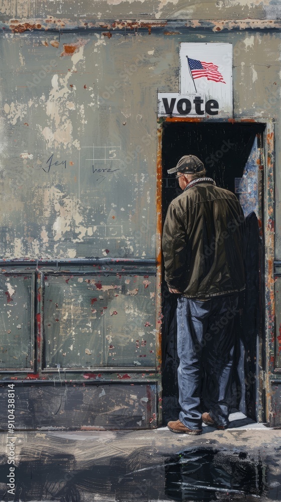 Presidential elections in the USA. A man stands outside a voting booth. The sign on the door says Vote. The man is wearing a hat and jeans Presidential elections in the USA. A man stands outside a voting booth. The sign on the door says Vote. The man is wearing a hat and jeans