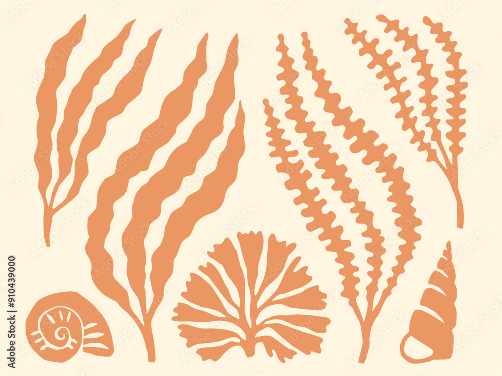 Seaweed and seashells cutouts block print. Peach orange seaweed and algae sea holiday collage design element set. Seaweed and seashells cutouts block print. Peach orange seaweed and algae sea holiday collage design element set.