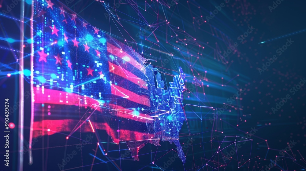 Obraz premium USA flag. American flag. A flag with stars and stripes is shown in a blue and red color scheme. The flag is surrounded by a web of lines, giving it a futuristic and abstract appearance.