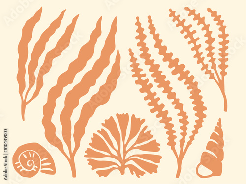 Seaweed and seashells cutouts block print. Peach orange seaweed and algae sea holiday collage design element set.