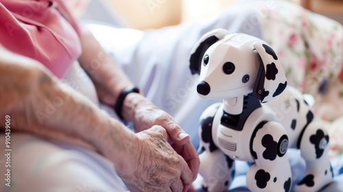 Robotic dog on an elderly person's lap. Generative ai. photo