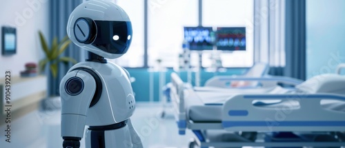 White medical robot in a modern hospital room. Generative ai. photo