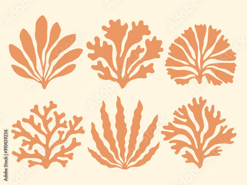 Corals and seaweed silhouette illustrations cutouts. Peach orange seaweed, corals nautical collage design element set.