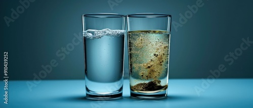 Two glasses, one with clean water and the other with contaminated water. Generative ai