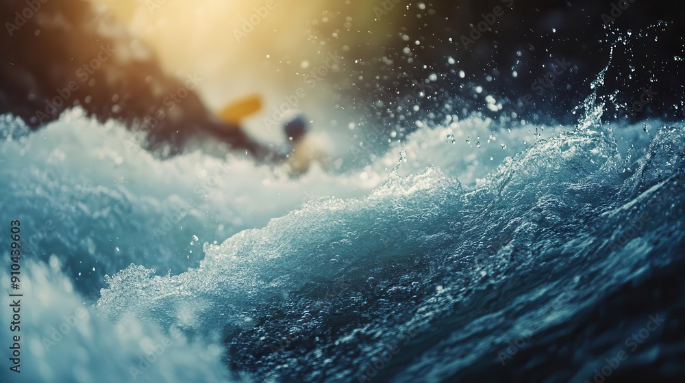 surging rapids in rugged mountain landscape kayaker navigating fierce whitewater dynamic composition spray and foam intense action sunlight glinting off turbulent water surging rapids in rugged mountain landscape kayaker navigating fierce whitewater dynamic composition spray and foam intense action sunlight glinting off turbulent water