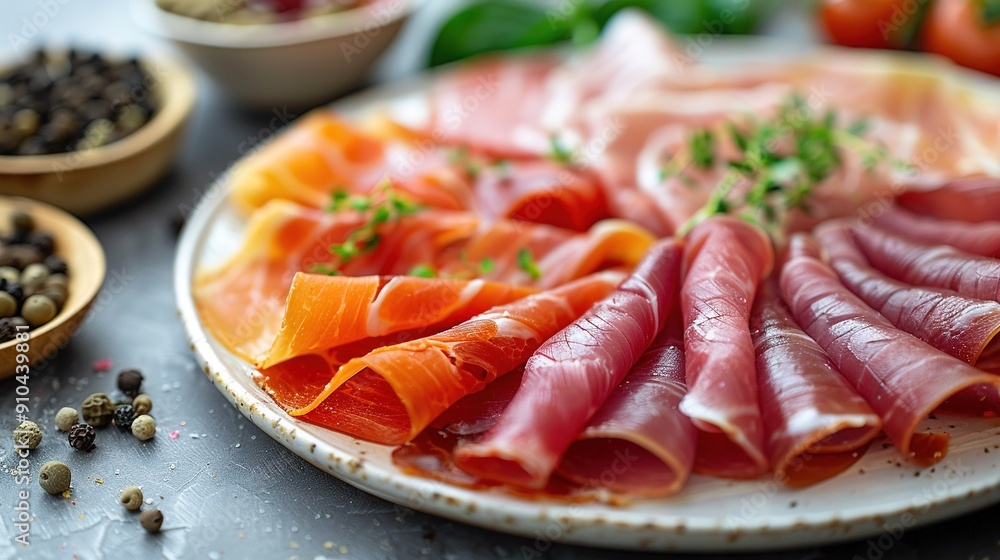 A white plate is topped with a combination of meat and vegetables There are bowls of peppercorns next to the dish A white plate is topped with a combination of meat and vegetables There are bowls of peppercorns next to the dish