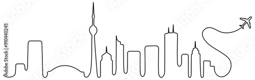 Canadian city skyline architecture. Flying plane with minimal linear cityscape and travel concept. Vector illustration isolated on white.