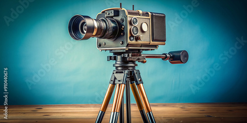 A vintage style studio video camera sits atop a sturdy tripod, its lens pointing forward, ready to capture high-quality footage in a professional setting. photo