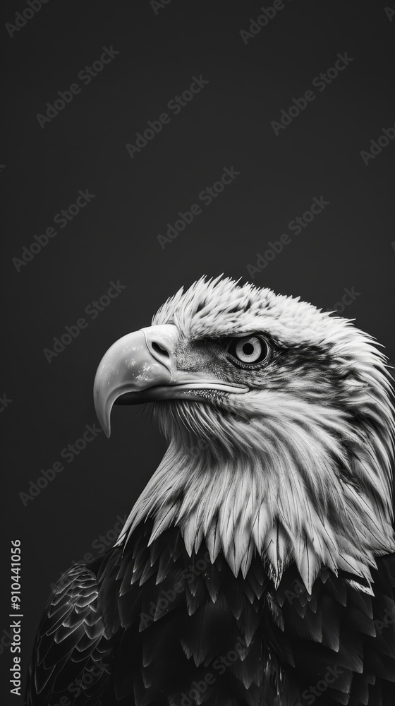 A black and white eagle is flying in the sky. Concept of freedom and grace, as the eagle soars through the air with its wings spread wide. The contrast between the dark background A black and white eagle is flying in the sky. Concept of freedom and grace, as the eagle soars through the air with its wings spread wide. The contrast between the dark background