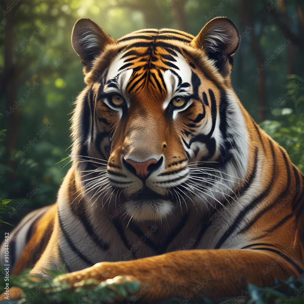 Fototapeta premium Portrait of the mighty tiger as he relaxes in his jungle. 