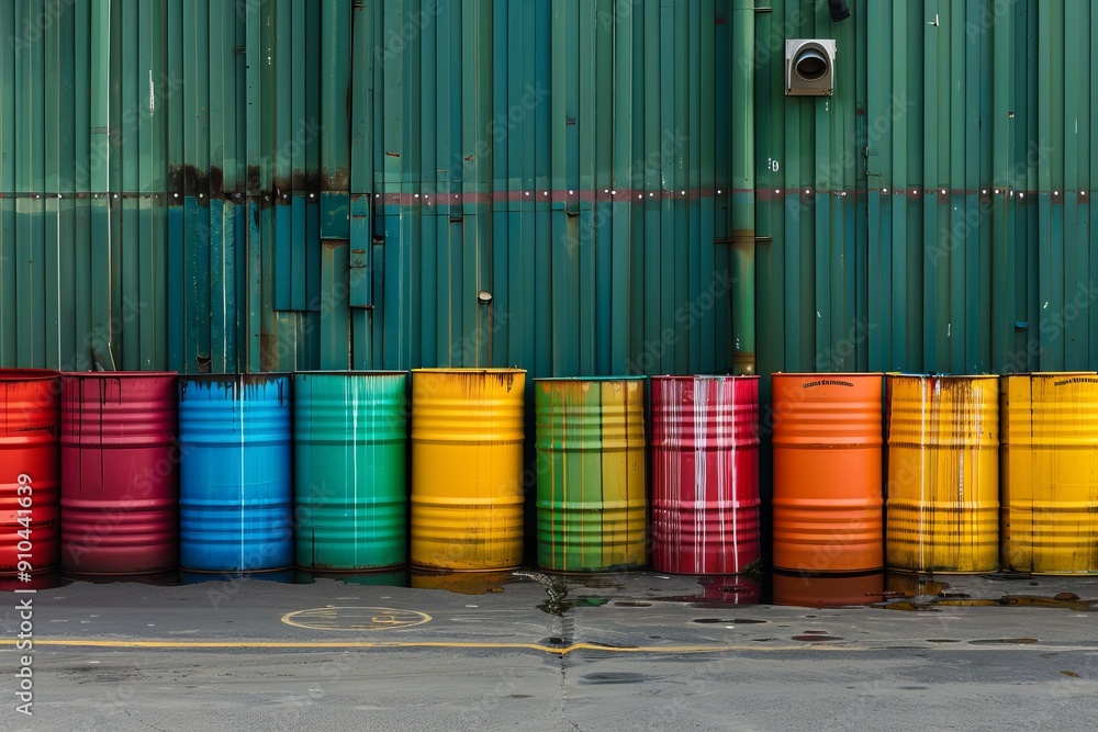 industrial color barrels standing in a row in a warehouse industrial color barrels standing in a row in a warehouse