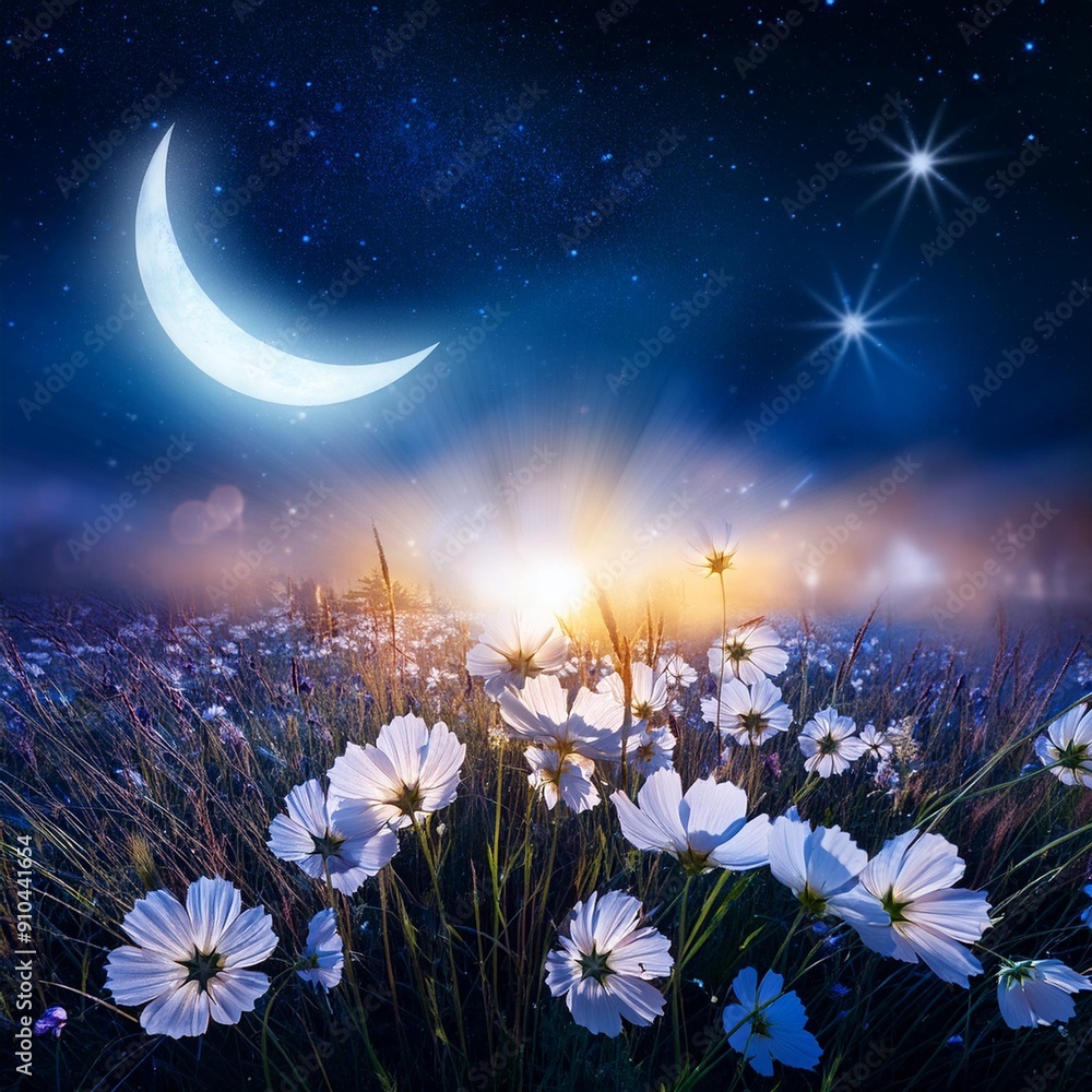 Fototapeta premium an image of flowers illuminated by moonlight, with bokeh effects mimicking the soft glow of stars in the background. Upscale and HD image, 500 dpi resolution.