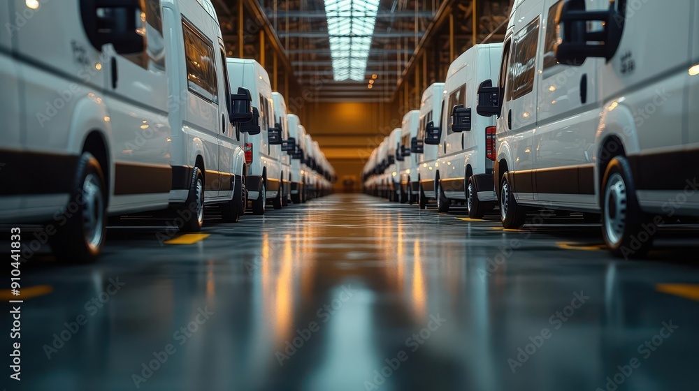 symmetrical lineup of sleek white delivery vans on a modern industrial lot showcasing efficiency and professionalism in logistics and transportation symmetrical lineup of sleek white delivery vans on a modern industrial lot showcasing efficiency and professionalism in logistics and transportation