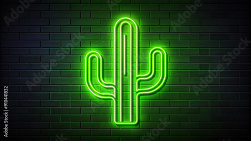 Vibrant neon green cactus icon shines with radiant glowing outline, evoking warm desert landscapes and carefree summer vibes in a bold, eye-catching design element. photo