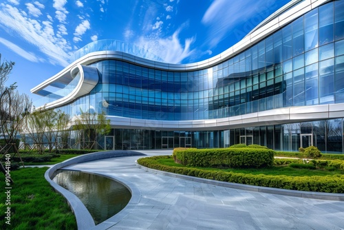 eco friendly modern glass office building with green environment