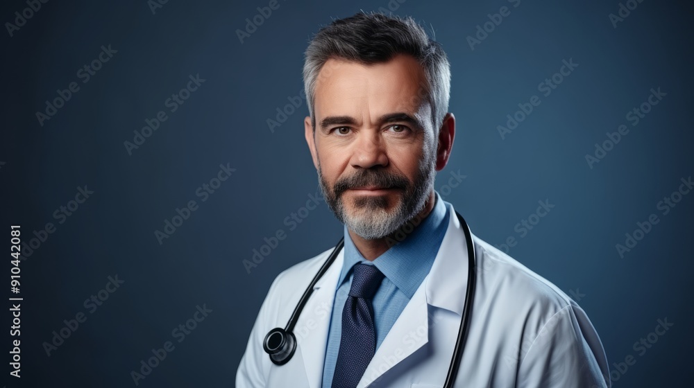 Professional Middle-Aged Male Doctor in White Coat on Blue Background for Medical Branding and Educational Use Professional Middle-Aged Male Doctor in White Coat on Blue Background for Medical Branding and Educational Use