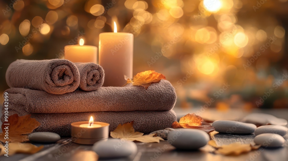 tranquil autumn spa setting with glowing candles smooth stones and folded towels in warm earth tones serene ambiance tranquil autumn spa setting with glowing candles smooth stones and folded towels in warm earth tones serene ambiance