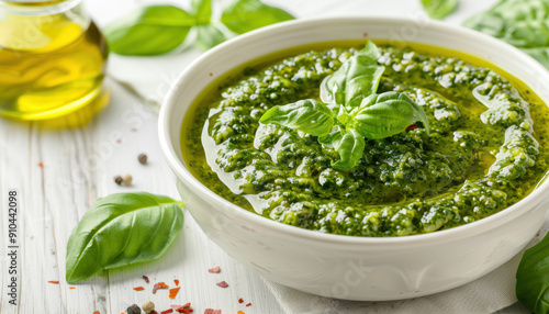 Homemade Basil Pesto Sauce in a White Bowl.