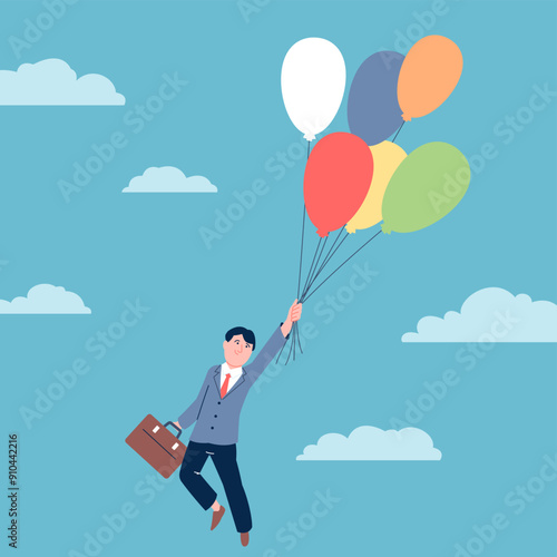 Soars up on balloon. Businessman flying up with suitcase, soaring in clouds. Dreaming, determination, success, movement towards goal recent vector concept