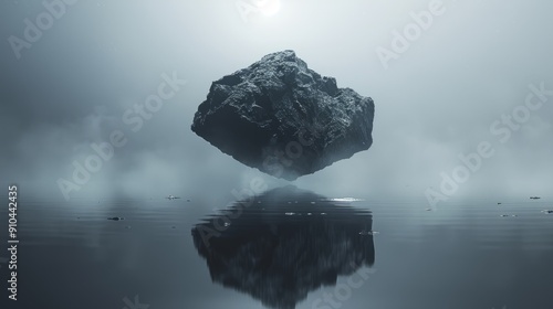 Floating Rock with Aura in Minimalist Foggy Waterscape - Ethereal and Mysterious Atmosphere