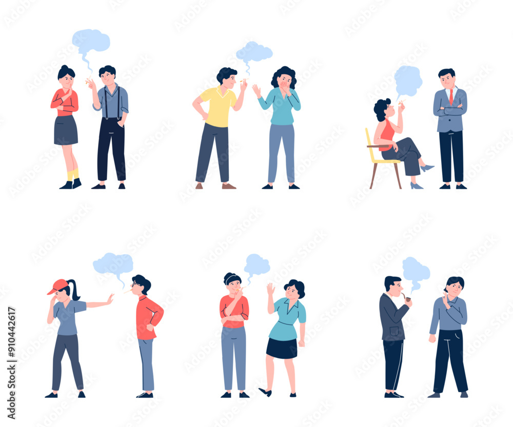 Smokers characters. People smoking in different public areas. Cigarettes addiction and unhealthy bad habit. Passive smoker, recent vector set Smokers characters. People smoking in different public areas. Cigarettes addiction and unhealthy bad habit. Passive smoker, recent vector set