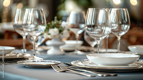  A table set for a formal dinner with wine glasses, plates, silverware, and a bouquet of flowers