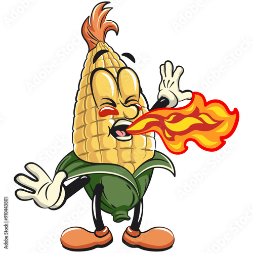 character of a cute corn cartoon vector isolated clip art mascot illustration spitting out spicy fire, work of hand drawn