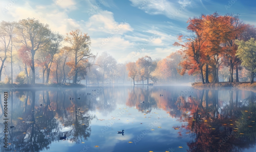 Early morning fog over the tranquil lake, trees adorned in vivid autumn colors mirrored in the glassy water, ducks paddling peacefully Early morning fog over the tranquil lake, trees adorned in vivid autumn colors mirrored in the glassy water, ducks paddling peacefully