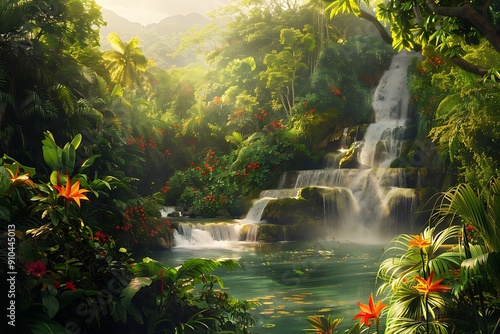 Fototapeta Naklejka Na Ścianę i Meble -   A vibrant jungle scene with lush green foliage, exotic flowers in bright reds and oranges, and a crystal-clear waterfall, all bathed in warm, golden light, evoking adventure and discovery.