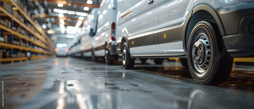 New vans in parking bay, copy space, blurred warehouse background, commercial fleet ready for work New vans in parking bay, copy space, blurred warehouse background, commercial fleet ready for work