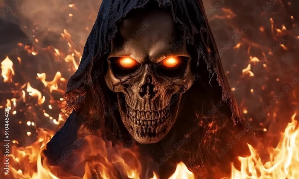 Hooded skull with glowing red eyes surrounded by flames, creating a menacing and dark atmosphere, Halloween Horror Costume Concept Hooded skull with glowing red eyes surrounded by flames, creating a menacing and dark atmosphere, Halloween Horror Costume Concept