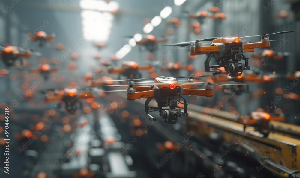 Drone swarm performing precision tasks in industrial setting, automation and innovation in action Drone swarm performing precision tasks in industrial setting, automation and innovation in action