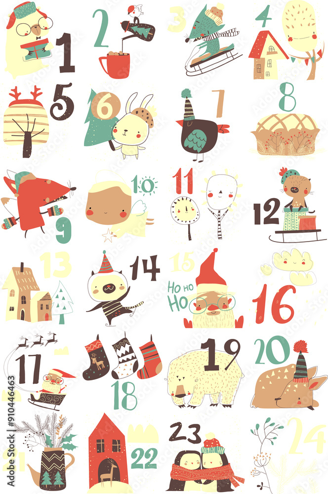 Fototapeta premium Advent calendar with christmas decoration and characters. Vector illustartion