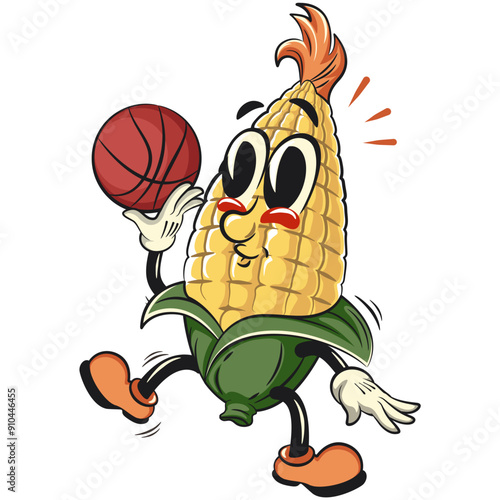 character of a cute corn cartoon vector isolated clip art mascot illustration playing basketbal, work of hand drawn