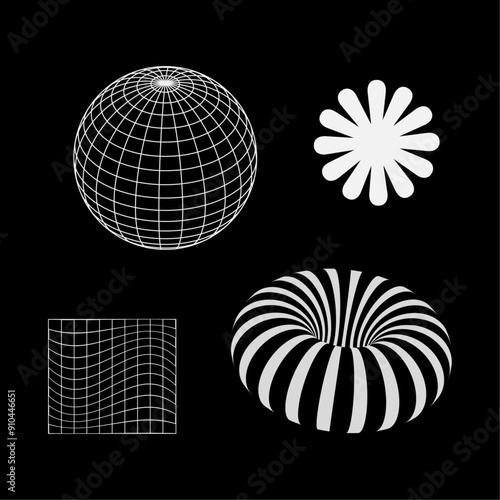 Set of 4 abstract geometric poster elements. globe wire 2d shapes, wireframes, cyberpunk and acid elements 