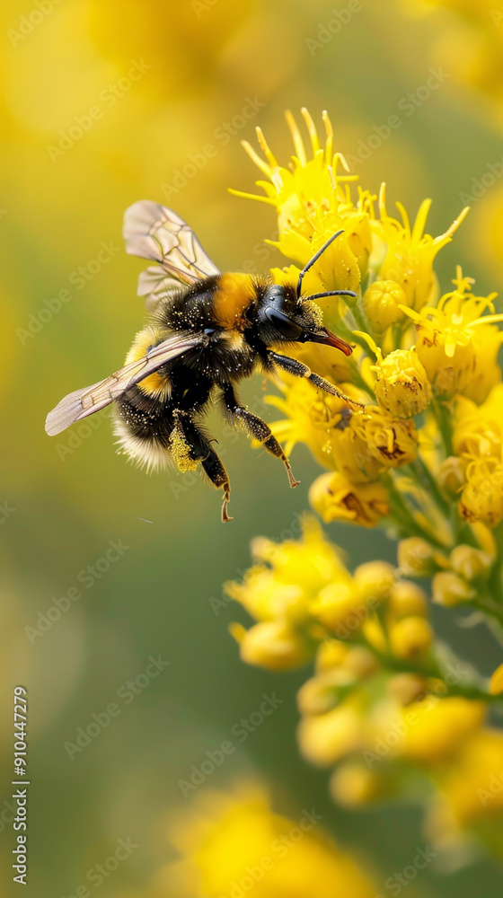 A bee is flying over a yellow flower A bee is flying over a yellow flower