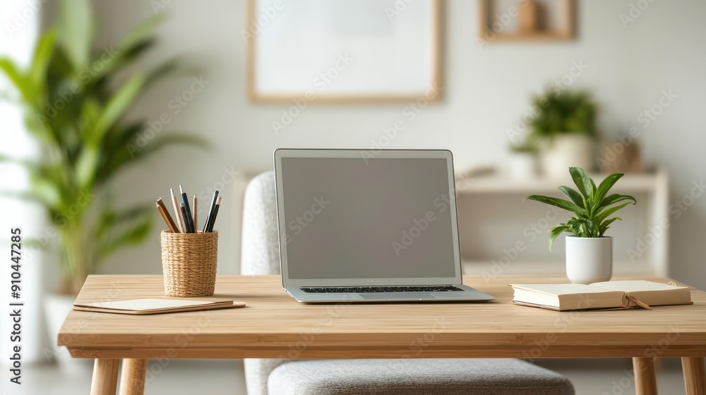 Bamboo writing desk in a serene home office, sustainable furniture Bamboo writing desk in a serene home office, sustainable furniture