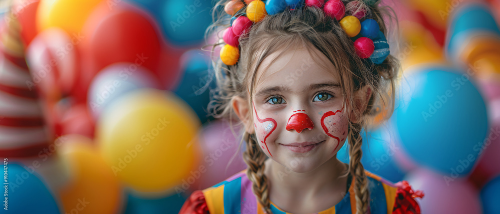 Smiling Little Girl with Clown Makeup and Colorful Beads in Her Hair Smiling Little Girl with Clown Makeup and Colorful Beads in Her Hair