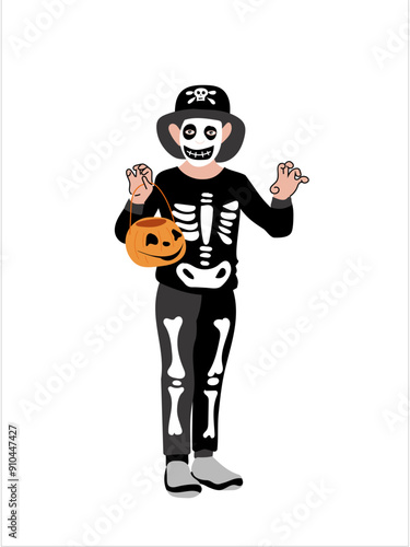 Flat Vector Illustration of Kid Boy Wearing a sceleton Halloween Costume on white background. CartoonVector illustration