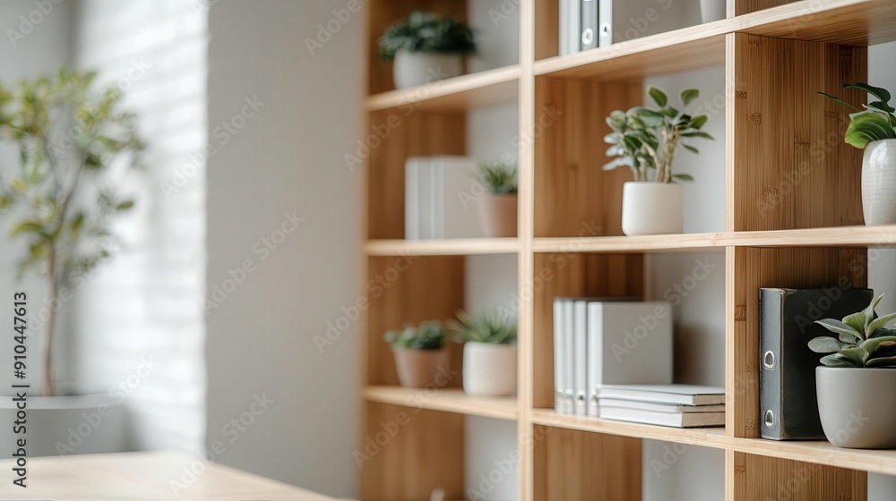 Sustainable bamboo shelving unit in a minimalist home office, eco-friendly design Sustainable bamboo shelving unit in a minimalist home office, eco-friendly design