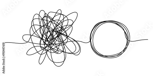 Chaos and order business concept flat design style on white background. A tangled mess turns into a circular line of order, find a solution. Coaching, mentoring or psychotherapy.